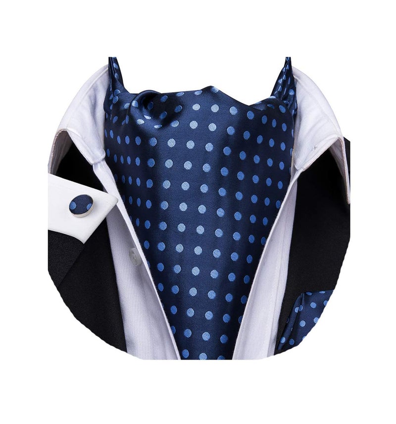 Dubulle Navy Blue Dots Ascot for Men Self Tie Mens Cravat and Pocket Square Cufflinks Wedding - Image 1